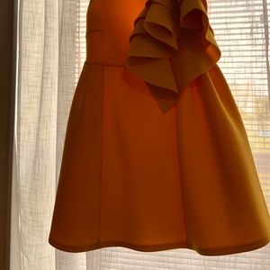 Mustard Scuba BodyCon evening cocktail dress with one shoulder ruffles